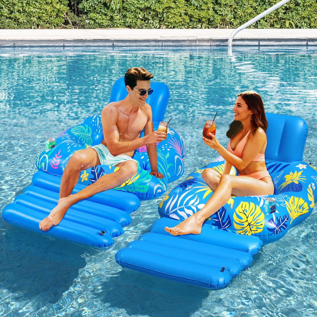 JOSEN Inflatable Pool Lounger Float for Adults - Heavy Duty with Footrest and Cup Holders, 60x42 Inches Blue/Yellow