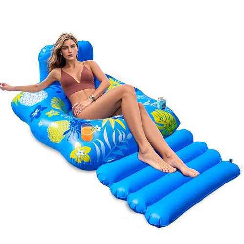 JOSEN Inflatable Pool Lounger Float for Adults - Heavy Duty with Footrest and Cup Holders, 60x42 Inches Blue/Yellow