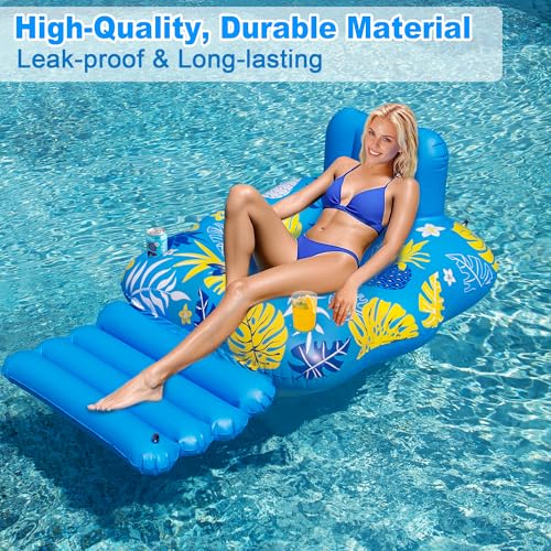 JOSEN Inflatable Pool Lounger Float for Adults - Heavy Duty with Footrest and Cup Holders, 60x42 Inches Blue/Yellow