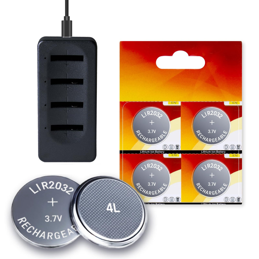 JOXIYECLTL LIR2032 Rechargeable Battery 4-Pack with Charger – 3.7V 45mAh Lithium Button Cells Replace CR2032 ML2032 for Car Keys and More