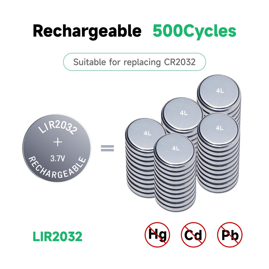 JOXIYECLTL LIR2032 Rechargeable Battery 4-Pack with Charger – 3.7V 45mAh Lithium Button Cells Replace CR2032 ML2032 for Car Keys and More