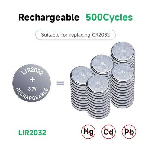 JOXIYECLTL LIR2032 Rechargeable Battery 4-Pack with Charger – 3.7V 45mAh Lithium Button Cells Replace CR2032 ML2032 for Car Keys and More