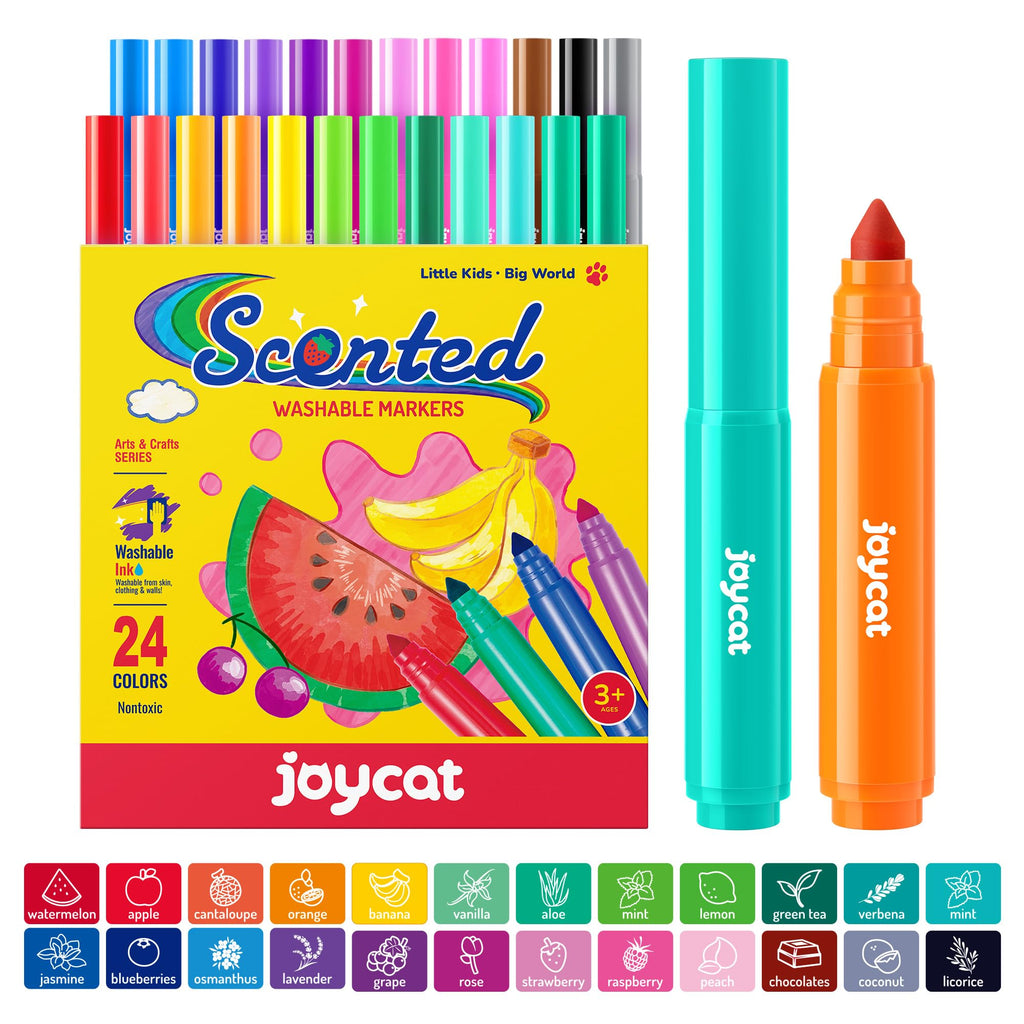 JoyCat 24 Scented Washable Markers for Kids – Fruit & Dessert Fragrances with Conical Tips, Non-Toxic Art Supplies