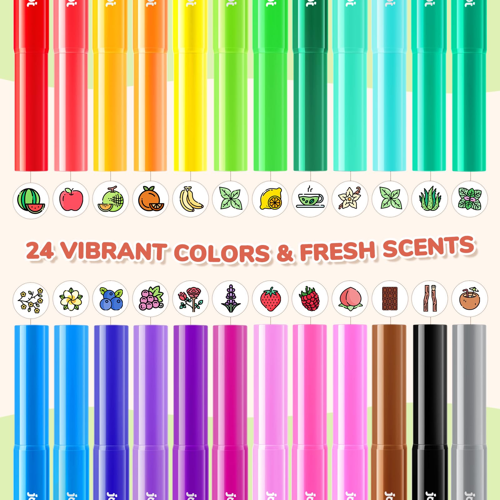 JoyCat 24 Scented Washable Markers for Kids – Fruit & Dessert Fragrances with Conical Tips, Non-Toxic Art Supplies