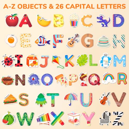 JoyCat 52-Piece Fridge Magnets for Toddlers – Cute Objects & Uppercase Letters, Large Alphabet Magnets for Preschool Learning, Ages 2+
