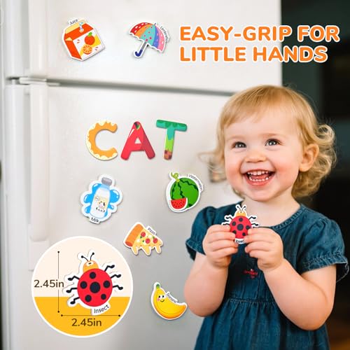 JoyCat 52-Piece Fridge Magnets for Toddlers – Cute Objects & Uppercase Letters, Large Alphabet Magnets for Preschool Learning, Ages 2+