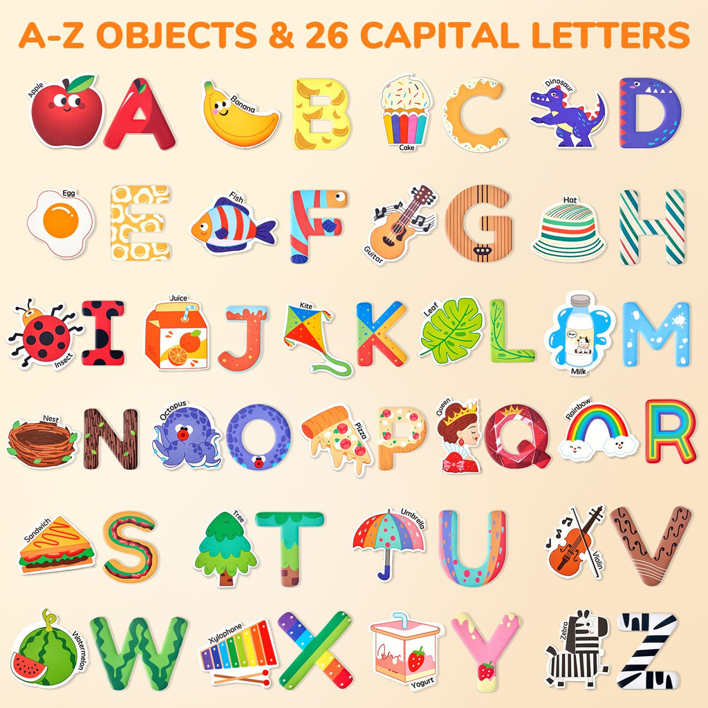 JoyCat 52-Piece Fridge Magnets for Toddlers – Cute Objects & Uppercase Letters, Large Alphabet Magnets for Preschool Learning, Ages 2+