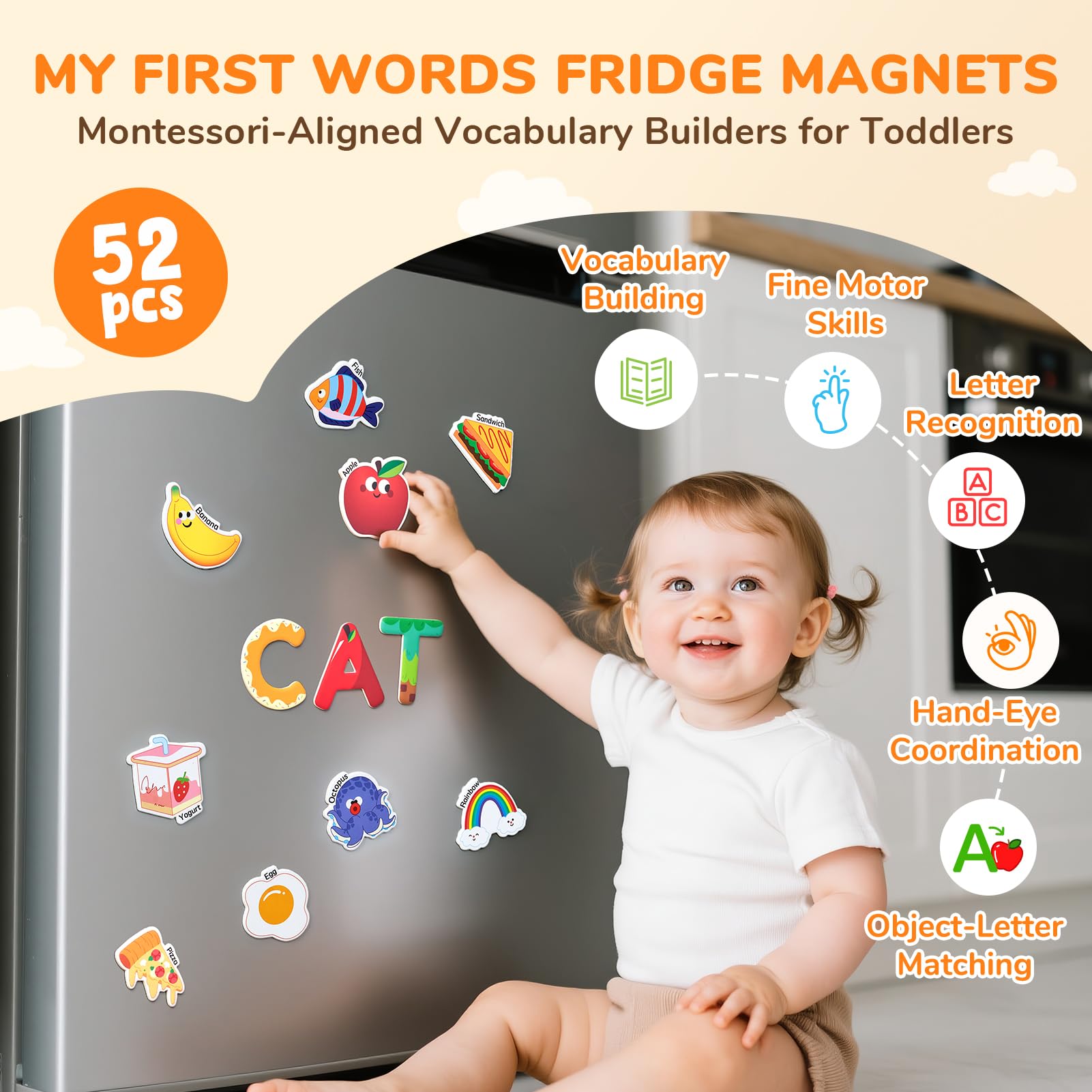 JoyCat 52-Piece Fridge Magnets for Toddlers – Cute Objects & Uppercase Letters, Large Alphabet Magnets for Preschool Learning, Ages 2+