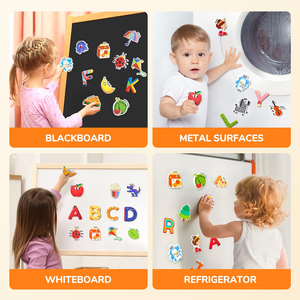 JoyCat 52-Piece Fridge Magnets for Toddlers – Cute Objects & Uppercase Letters, Large Alphabet Magnets for Preschool Learning, Ages 2+
