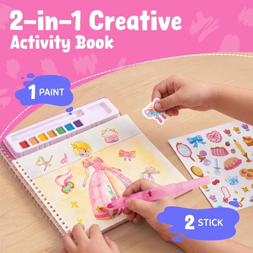 JoyCat Princess Mix & Match Paint with Water Book - 20 Art Pages, 7 Paints, 150+ Stickers for Kids 3-8