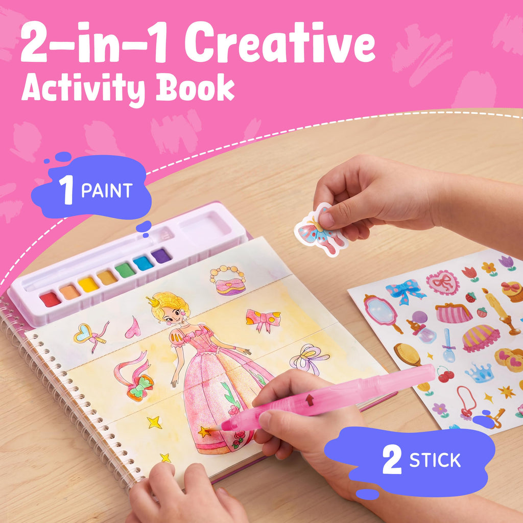 JoyCat Princess Mix & Match Paint with Water Book - 20 Art Pages, 7 Paints, 150+ Stickers for Kids 3-8