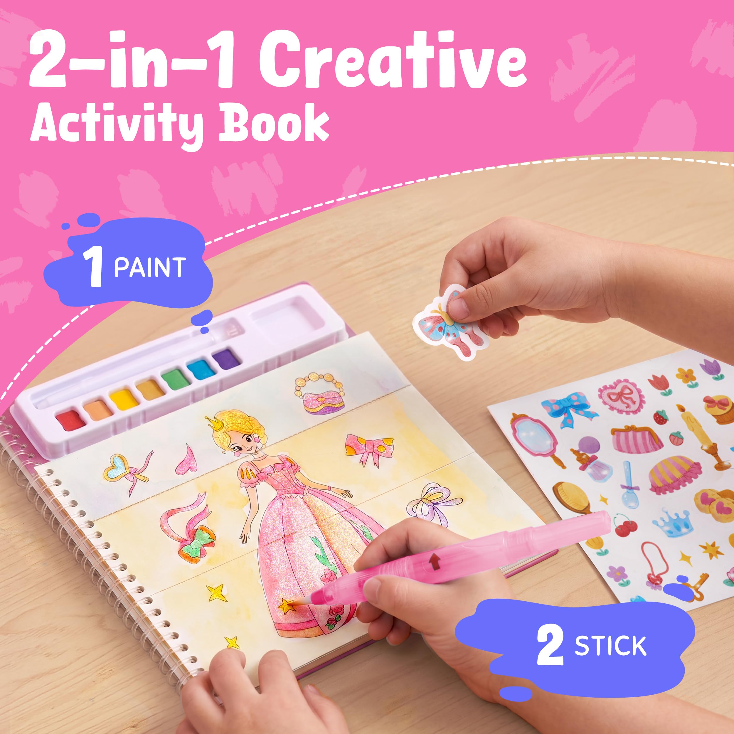JoyCat Princess Mix & Match Paint with Water Book - 20 Art Pages, 7 Paints, 150+ Stickers for Kids 3-8