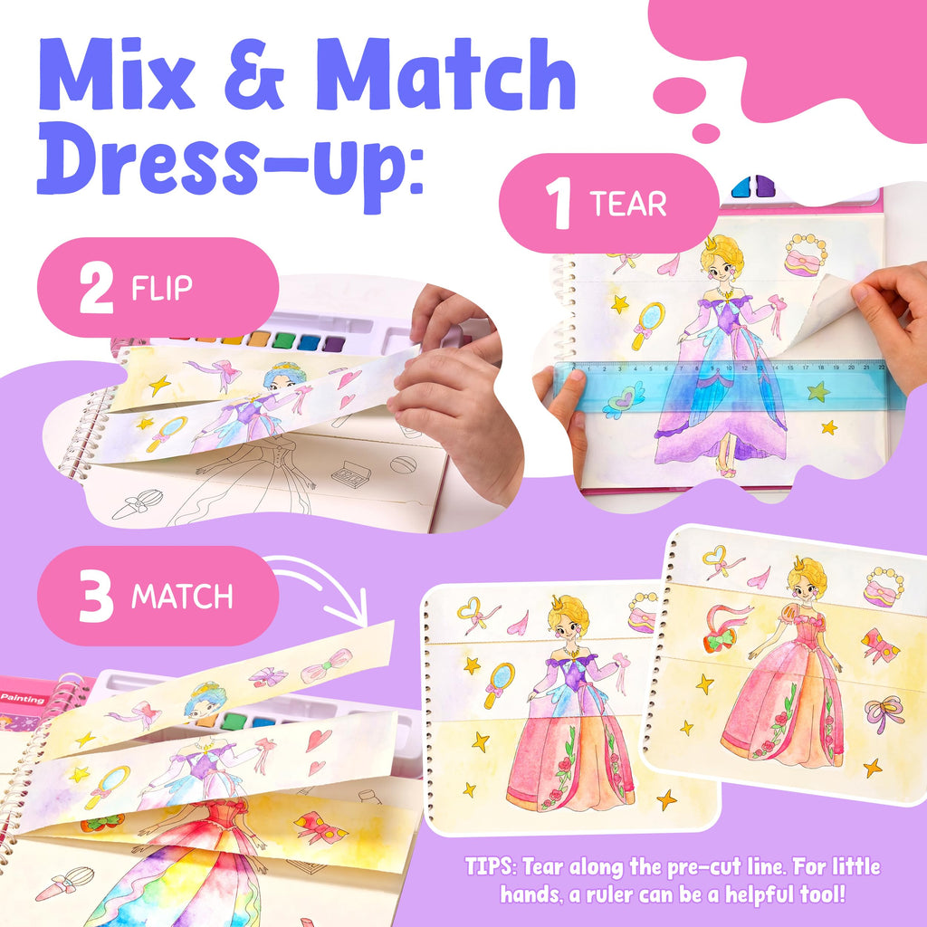 JoyCat Princess Mix & Match Paint with Water Book - 20 Art Pages, 7 Paints, 150+ Stickers for Kids 3-8