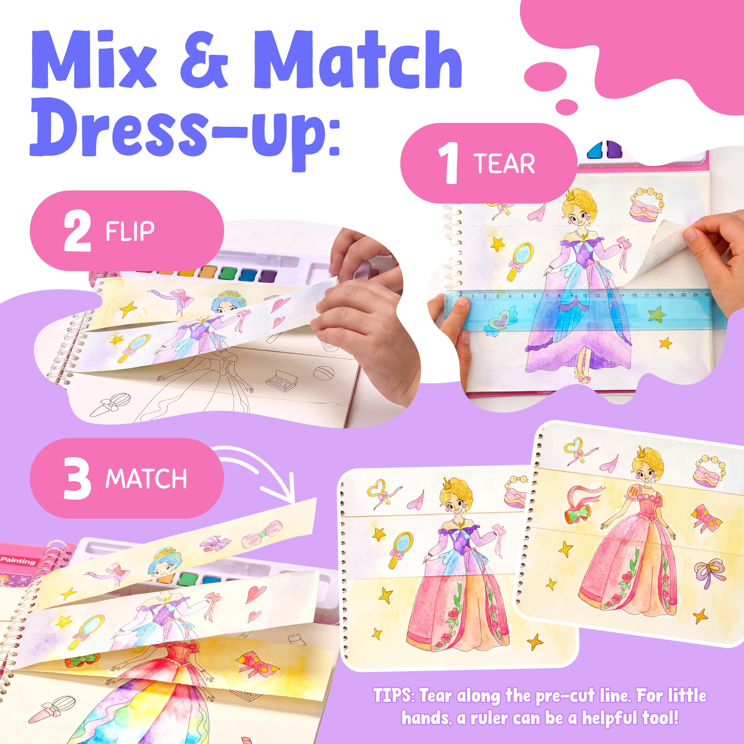 JoyCat Princess Mix & Match Paint with Water Book - 20 Art Pages, 7 Paints, 150+ Stickers for Kids 3-8