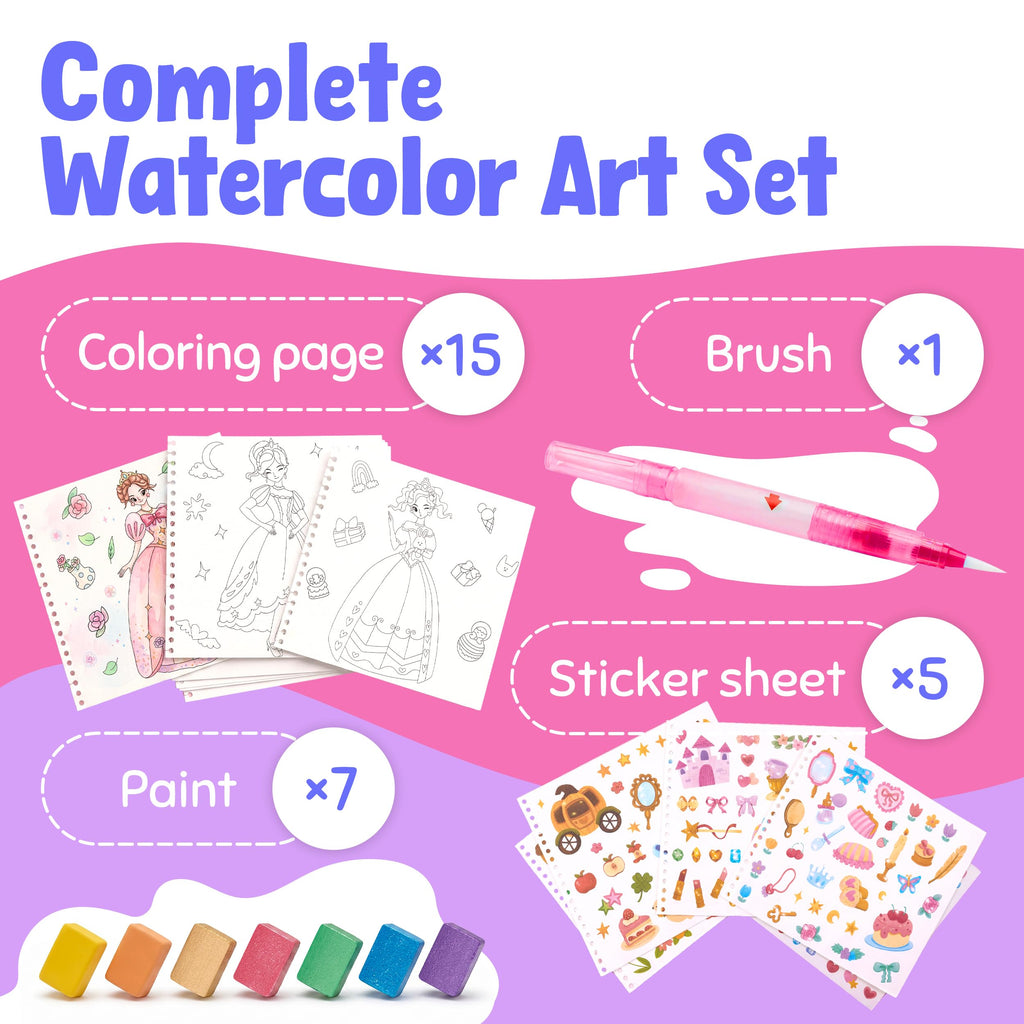 JoyCat Princess Mix & Match Paint with Water Book - 20 Art Pages, 7 Paints, 150+ Stickers for Kids 3-8