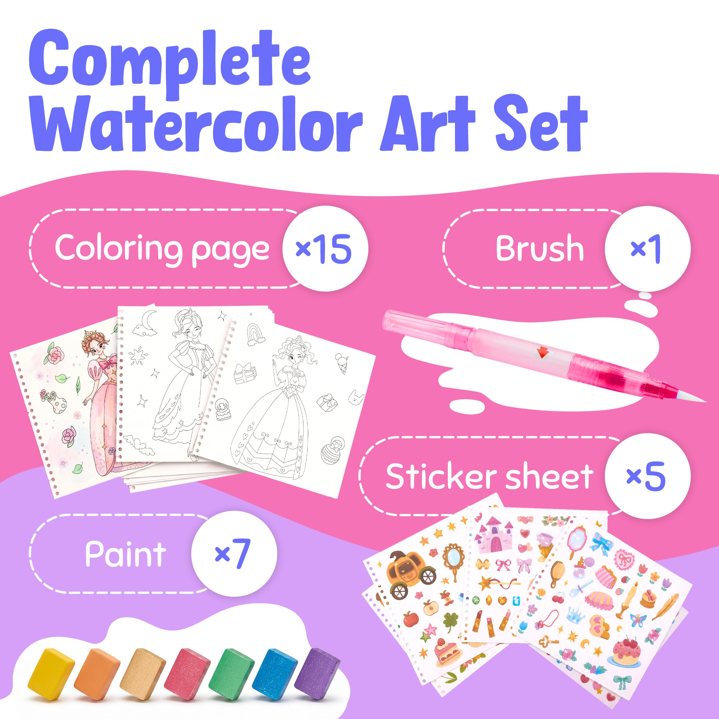 JoyCat Princess Mix & Match Paint with Water Book - 20 Art Pages, 7 Paints, 150+ Stickers for Kids 3-8