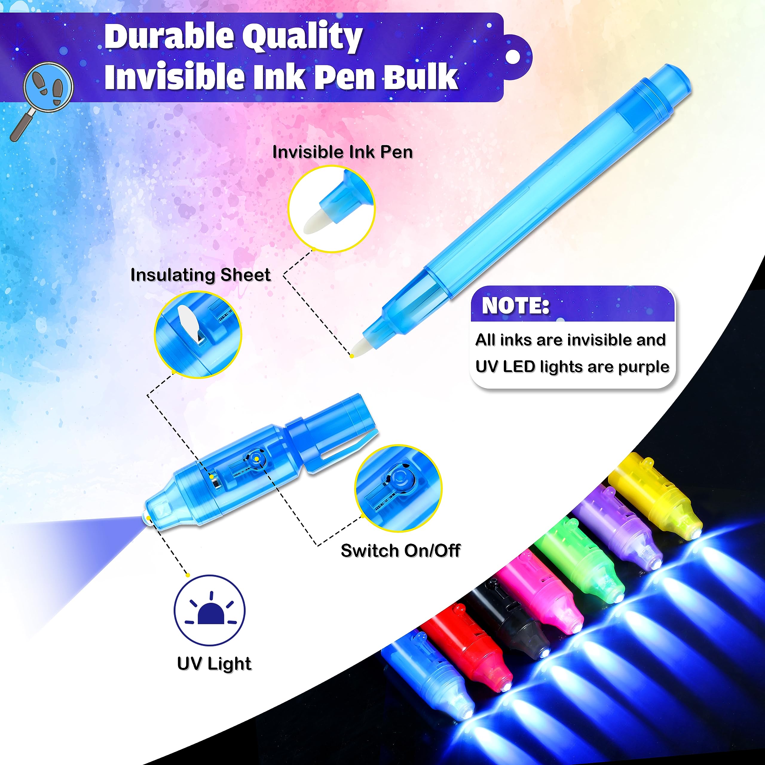 Joycover 28-Pack Invisible Ink Pens with UV Light - Spy Gadgets for Kids Party Favors