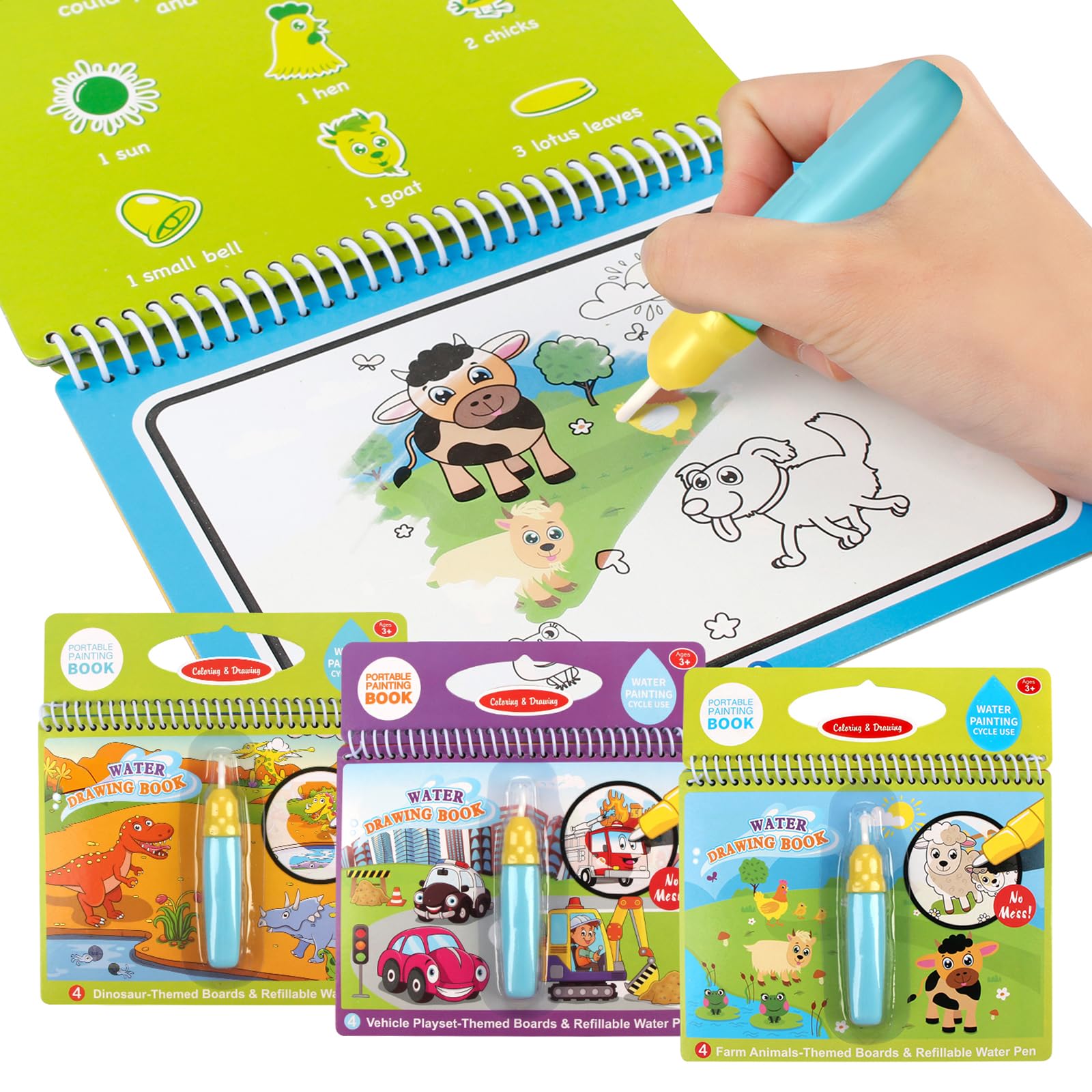 Joyfia Water Drawing Books – Mess-Free Coloring Set with Dinosaur, Cartoon & Vehicle Themes for Toddlers