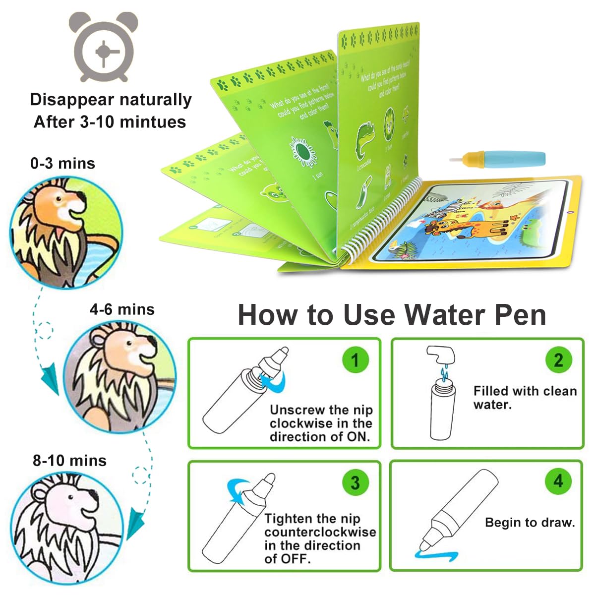 Joyfia Water Drawing Books – Mess-Free Coloring Set with Dinosaur, Cartoon & Vehicle Themes for Toddlers