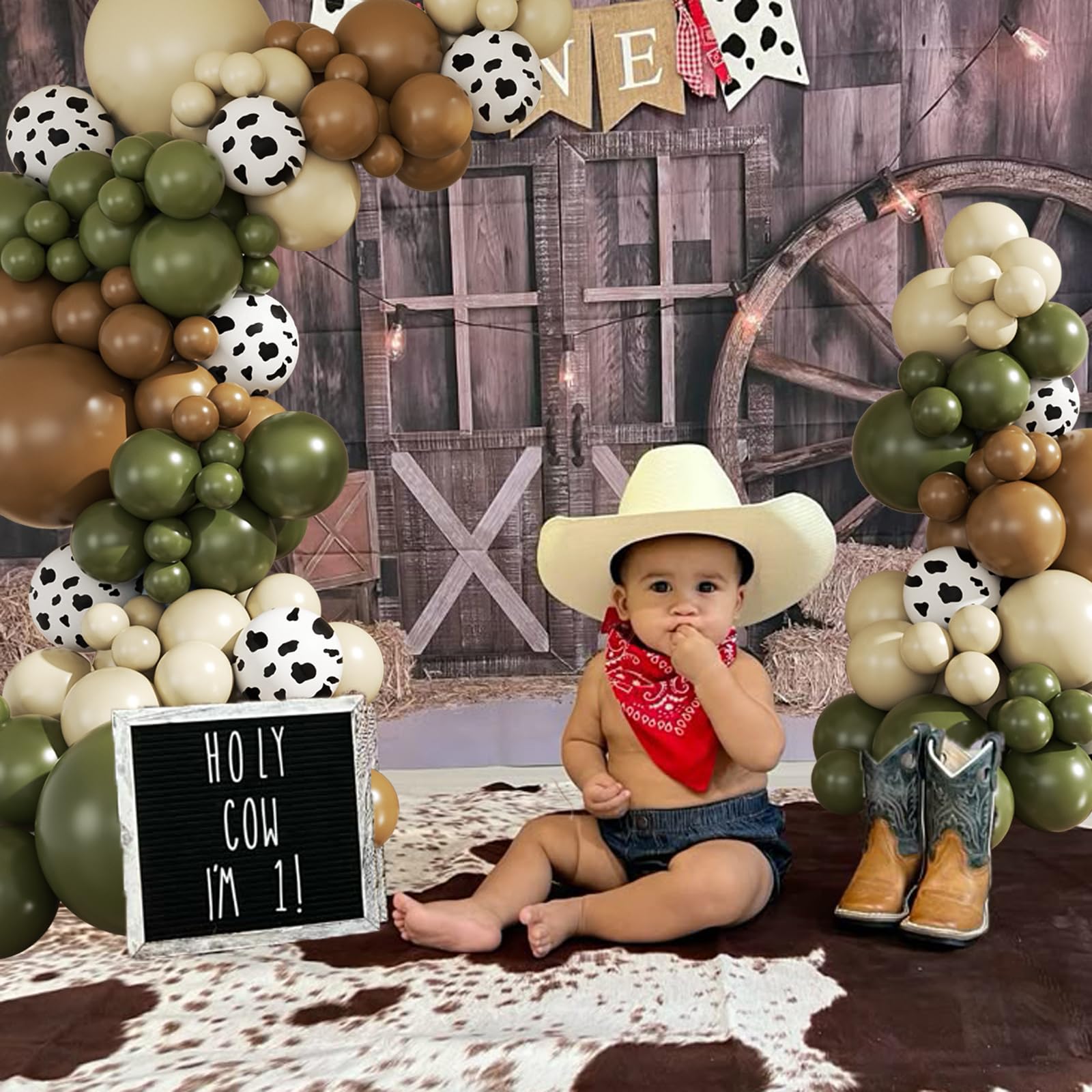 JOYFLOAT 124-Piece Cowboy Balloon Garland Arch Kit - Avocado Green, Brown, Sand White - Western Theme Party Decoration