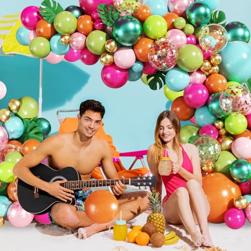 JOYFLOAT 146-Piece Tropical Luau Balloon Arch Kit – Hot Pink, Pearl Pink, Green, Blue, Orange, Gold, Metallic Green, Confetti Balloons with Palm Leaves for Hawaiian Theme Parties