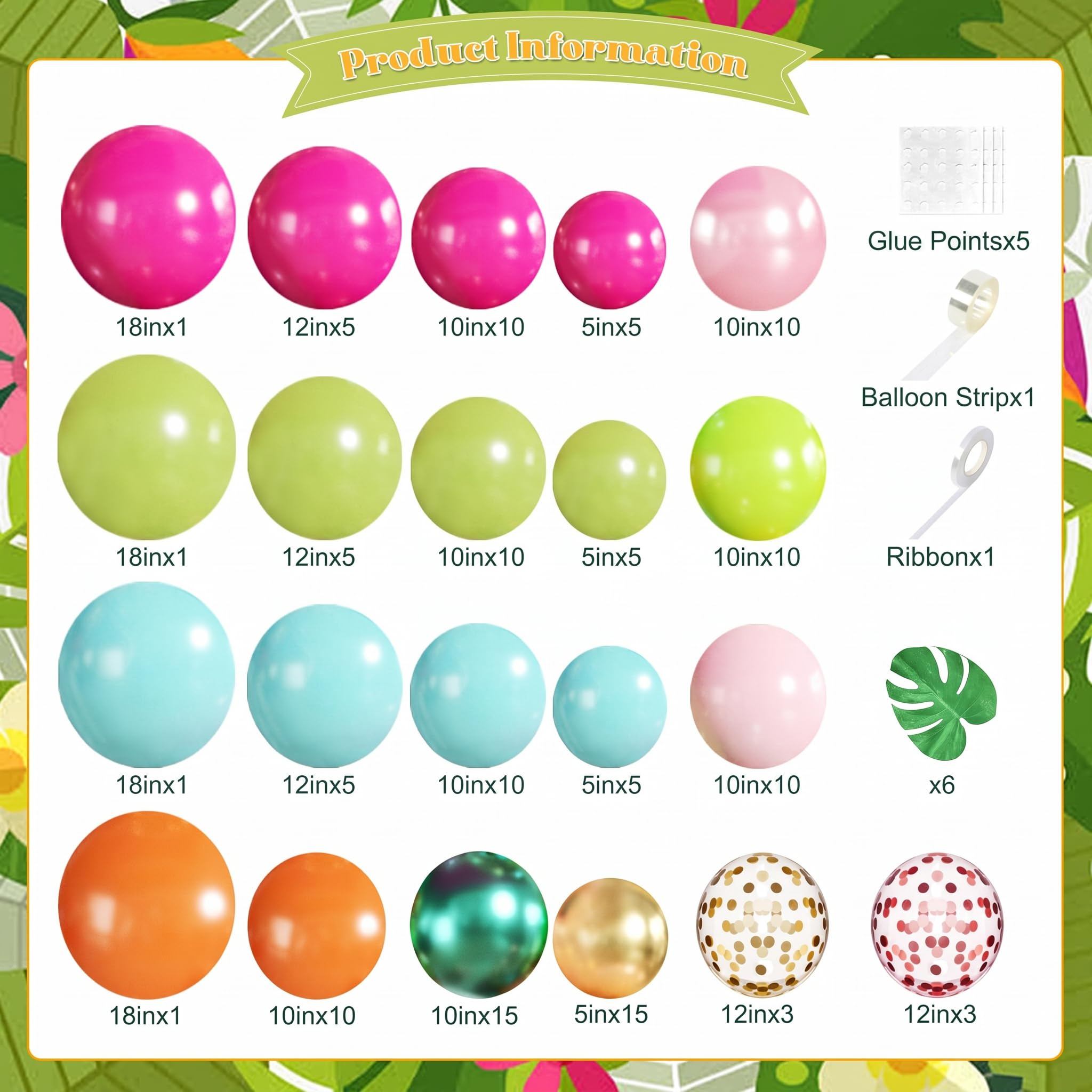 JOYFLOAT 146-Piece Tropical Luau Balloon Arch Kit – Hot Pink, Pearl Pink, Green, Blue, Orange, Gold, Metallic Green, Confetti Balloons with Palm Leaves for Hawaiian Theme Parties