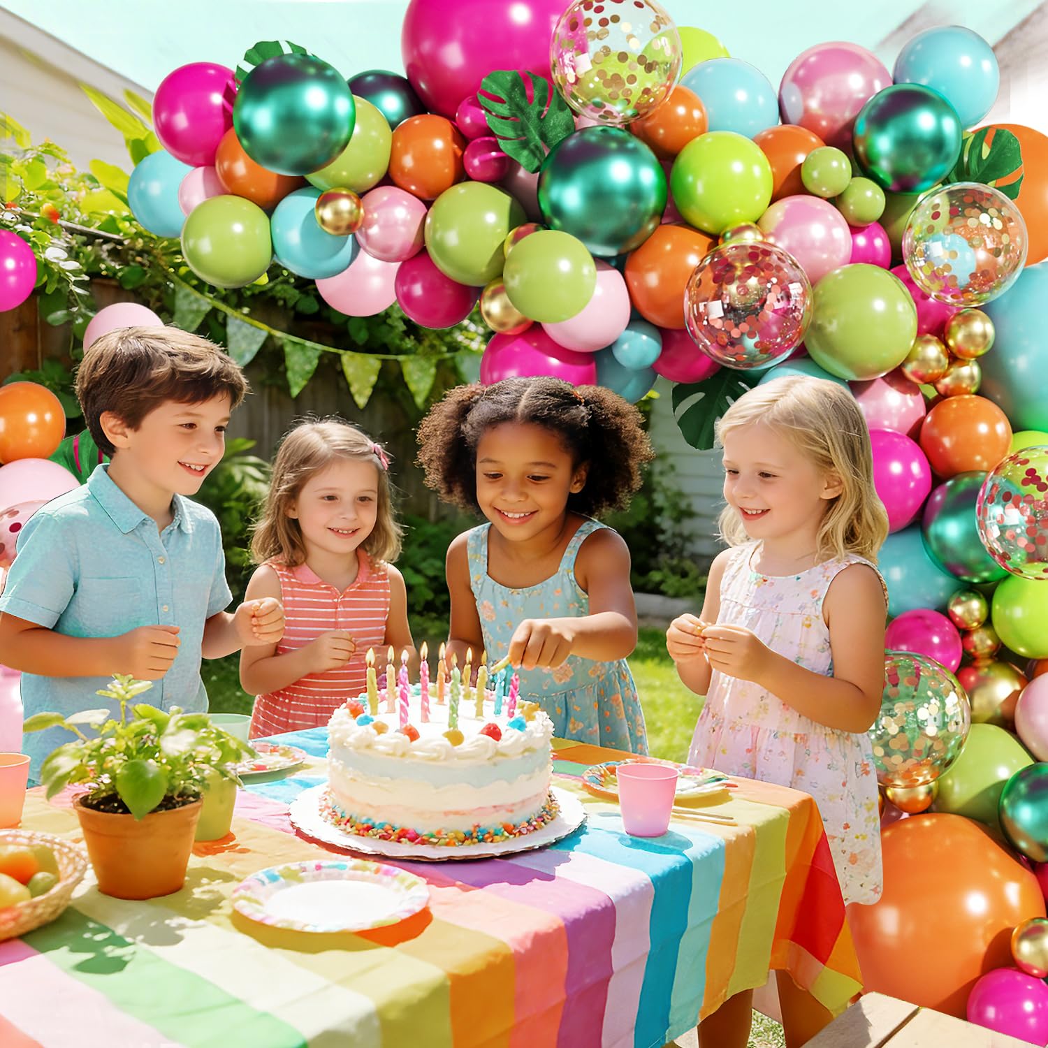 JOYFLOAT 146-Piece Tropical Luau Balloon Arch Kit – Hot Pink, Pearl Pink, Green, Blue, Orange, Gold, Metallic Green, Confetti Balloons with Palm Leaves for Hawaiian Theme Parties