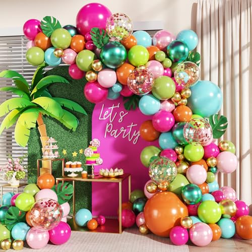 JOYFLOAT 146-Piece Tropical Luau Balloon Arch Kit – Hot Pink, Pearl Pink, Green, Blue, Orange, Gold, Metallic Green, Confetti Balloons with Palm Leaves for Hawaiian Theme Parties