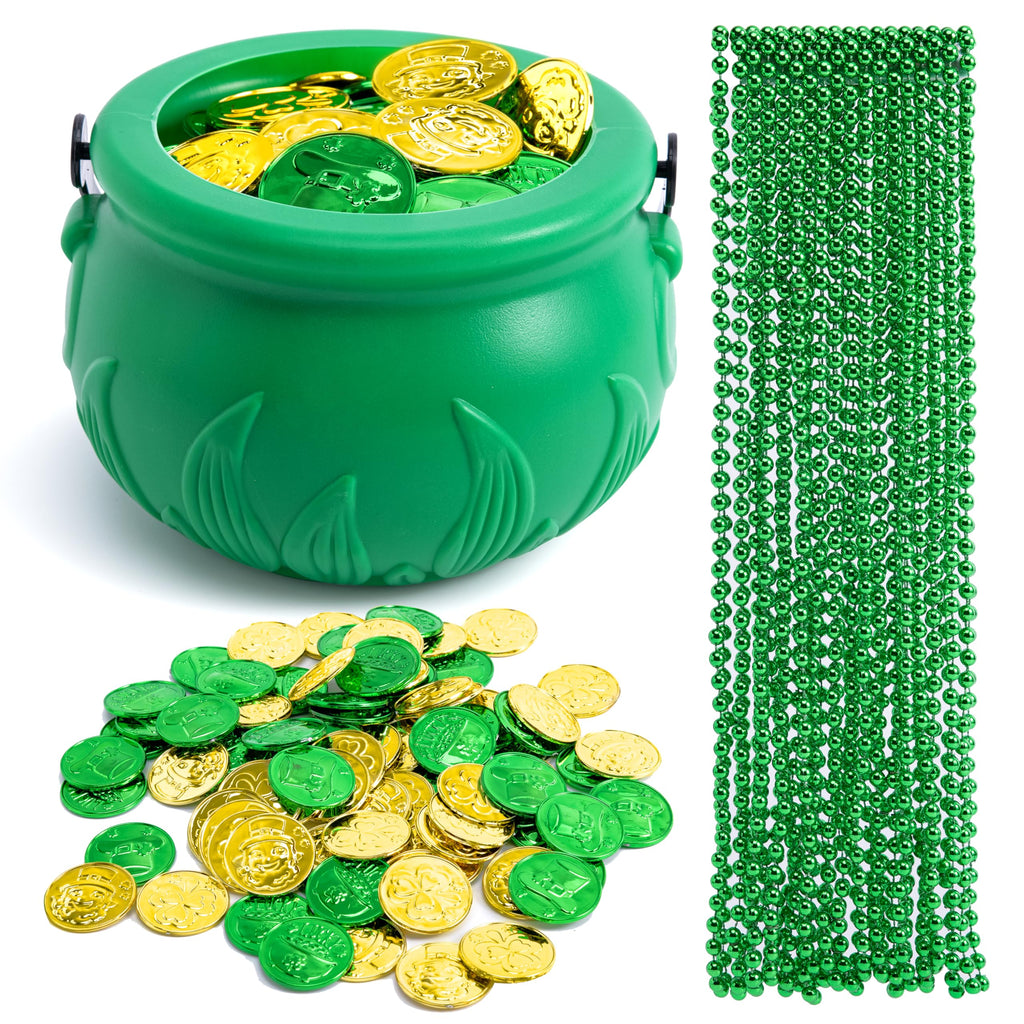 JOYIN 119-Piece St. Patrick's Day Party Supplies Set – Green Bead Necklaces, Gold Coins, and Plastic Cauldron