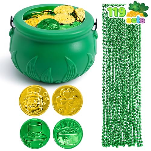 JOYIN 119-Piece St. Patrick's Day Party Supplies Set – Green Bead Necklaces, Gold Coins, and Plastic Cauldron