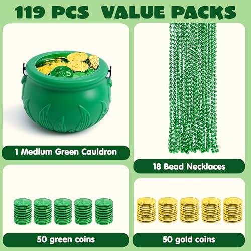 JOYIN 119-Piece St. Patrick's Day Party Supplies Set – Green Bead Necklaces, Gold Coins, and Plastic Cauldron