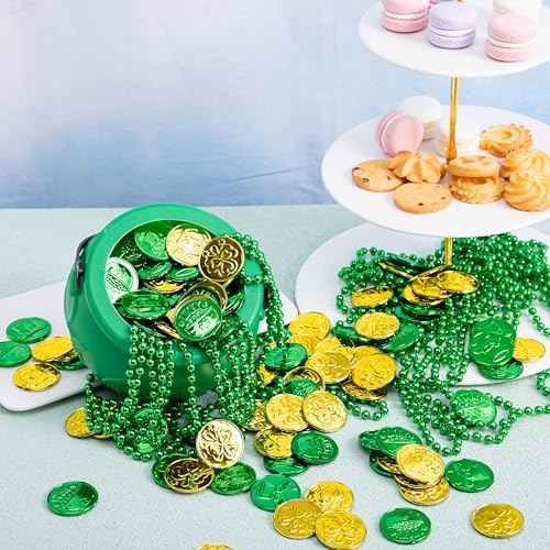 JOYIN 119-Piece St. Patrick's Day Party Supplies Set – Green Bead Necklaces, Gold Coins, and Plastic Cauldron