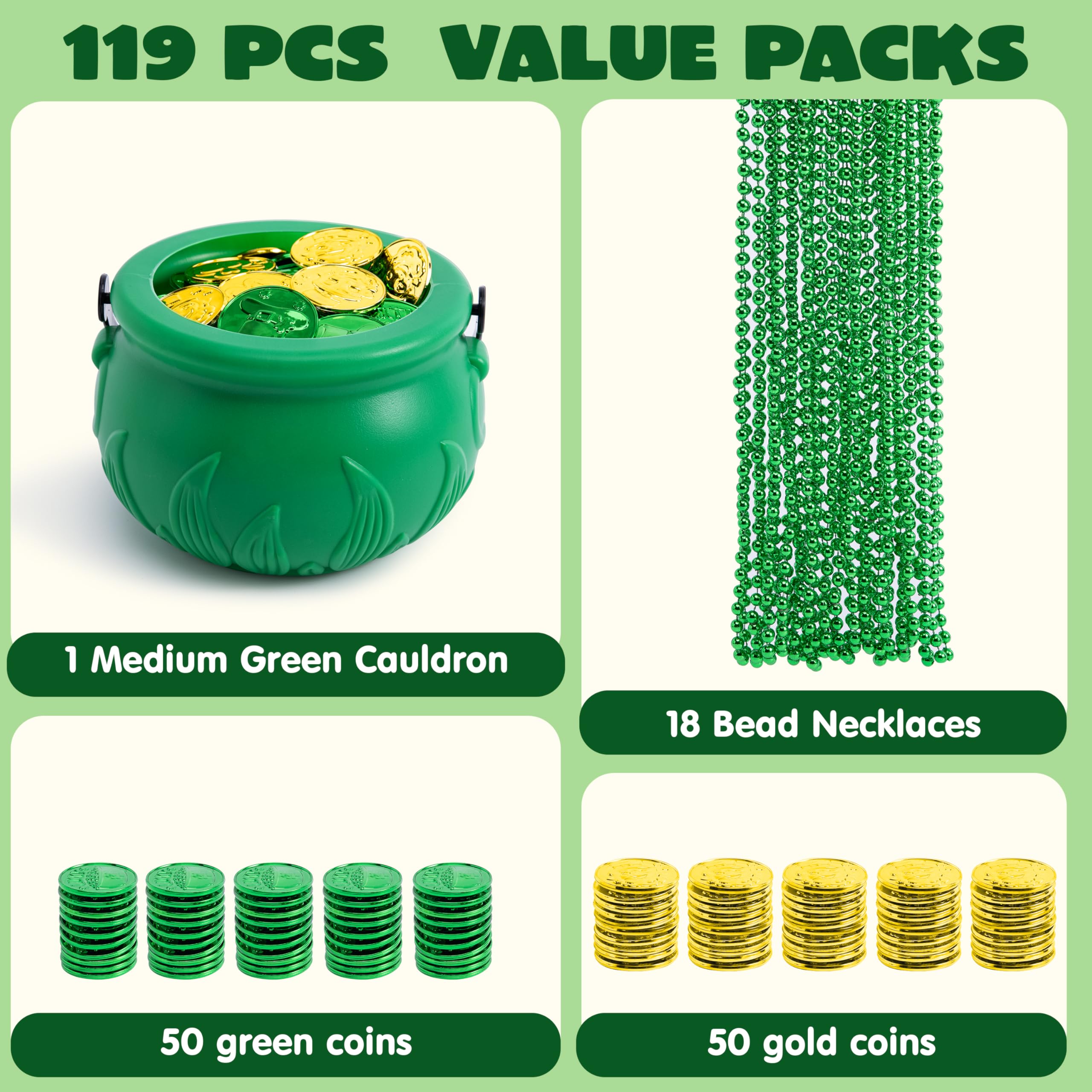 JOYIN 119-Piece St. Patrick's Day Party Supplies Set – Green Bead Necklaces, Gold Coins, and Plastic Cauldron