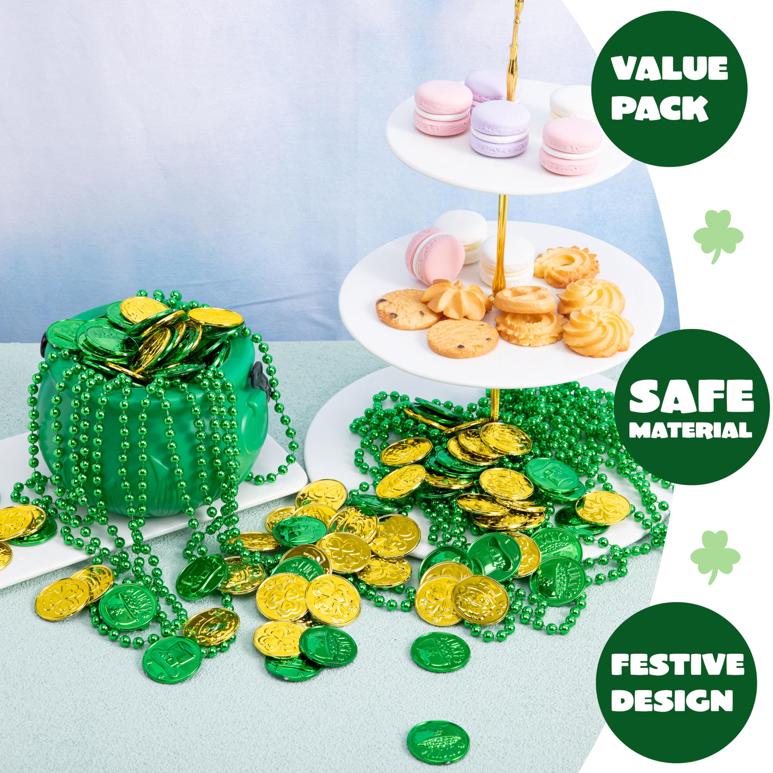 JOYIN 119-Piece St. Patrick's Day Party Supplies Set – Green Bead Necklaces, Gold Coins, and Plastic Cauldron
