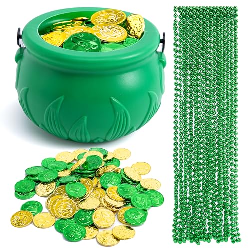 JOYIN 119-Piece St. Patrick's Day Party Supplies Set – Green Bead Necklaces, Gold Coins, and Plastic Cauldron
