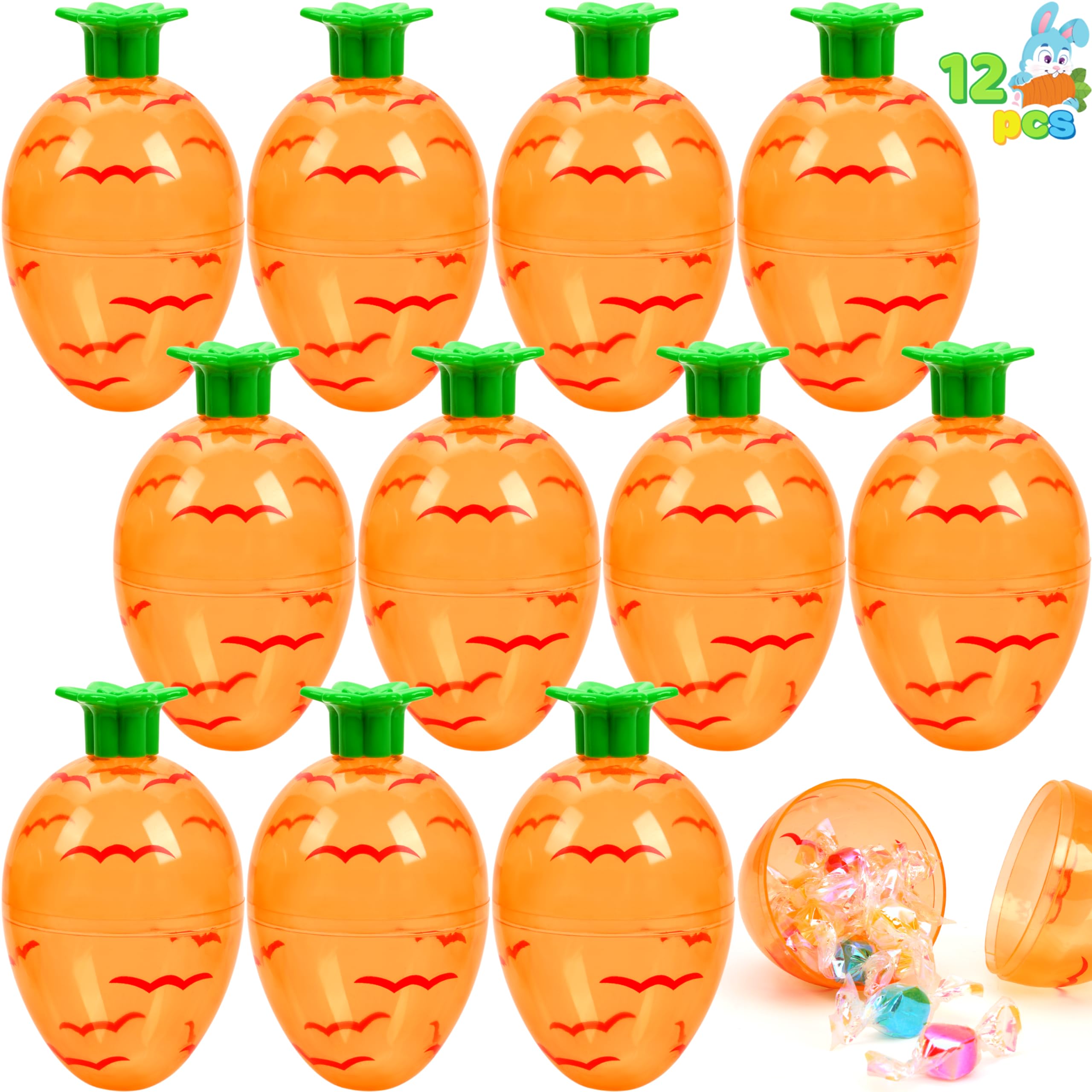 JOYIN 12-Pack 3.7-Inch Plastic Carrot-Shaped Easter Eggs – Fillable Orange Eggs for Hunts, Decorations, and Treats