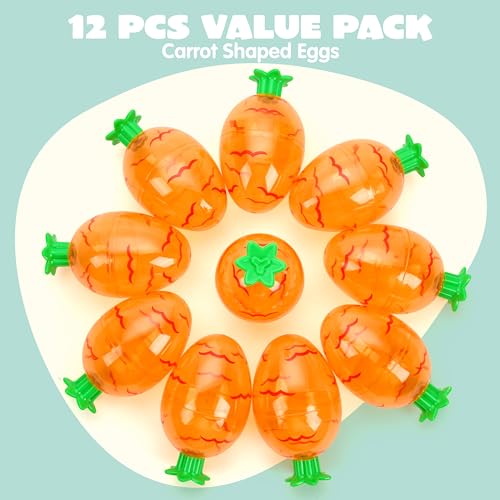 JOYIN 12-Pack 3.7-Inch Plastic Carrot-Shaped Easter Eggs – Fillable Orange Eggs for Hunts, Decorations, and Treats