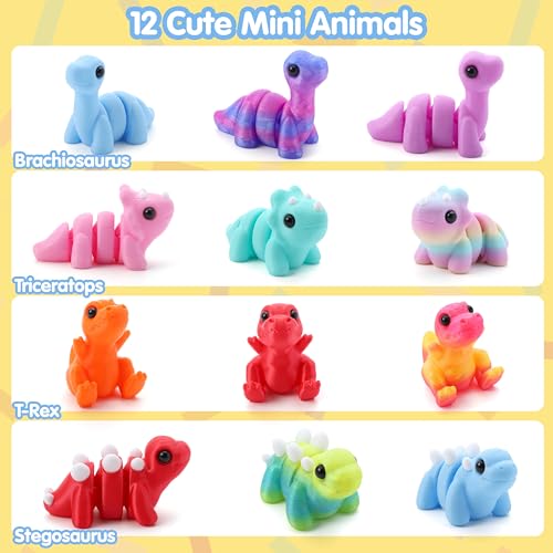 JOYIN 12-Pack 3D Printed Dinosaur Figurines – Mini Articulated Fidget Toys for Kids, Party Favors, and Desk Decor