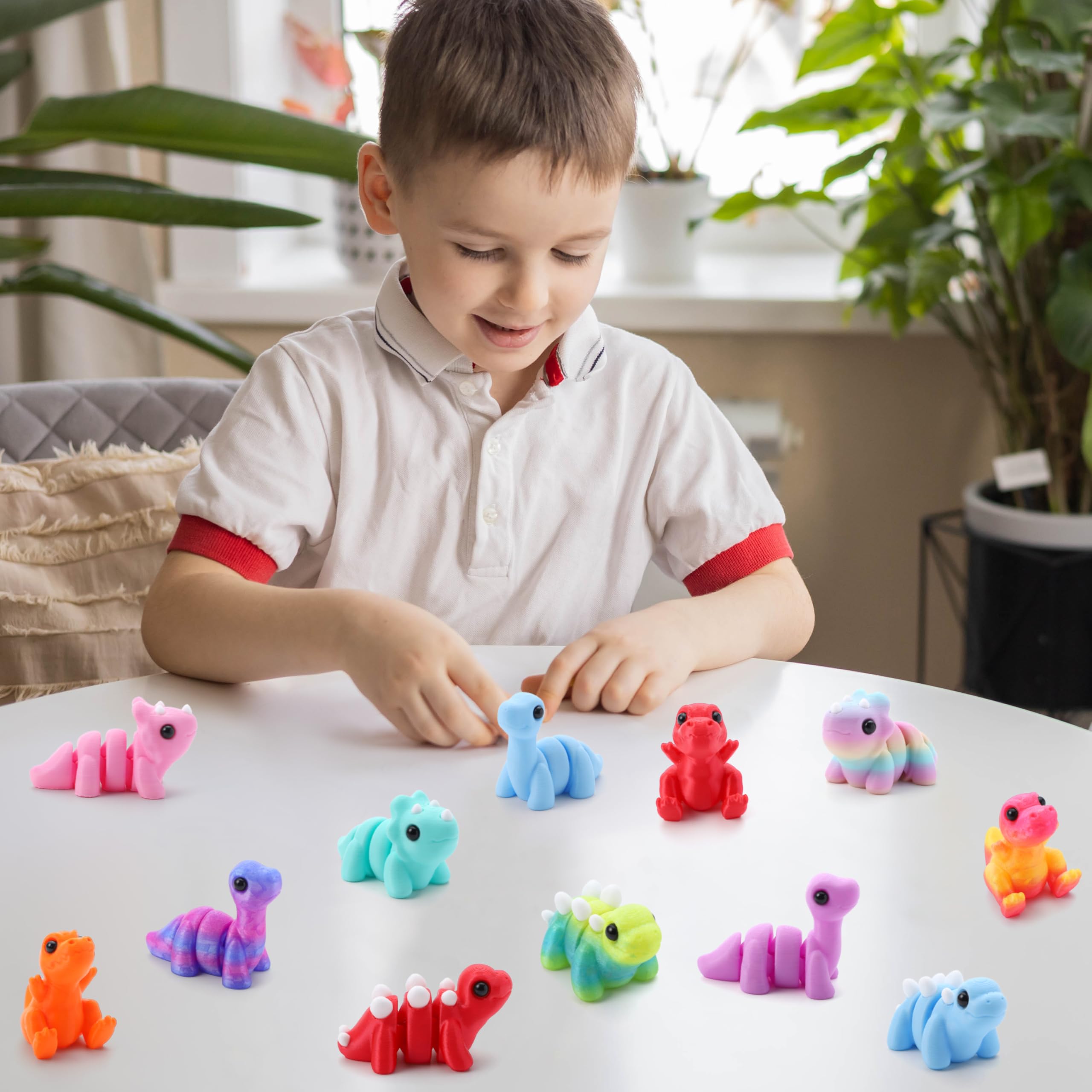 JOYIN 12-Pack 3D Printed Dinosaur Figurines – Mini Articulated Fidget Toys for Kids, Party Favors, and Desk Decor