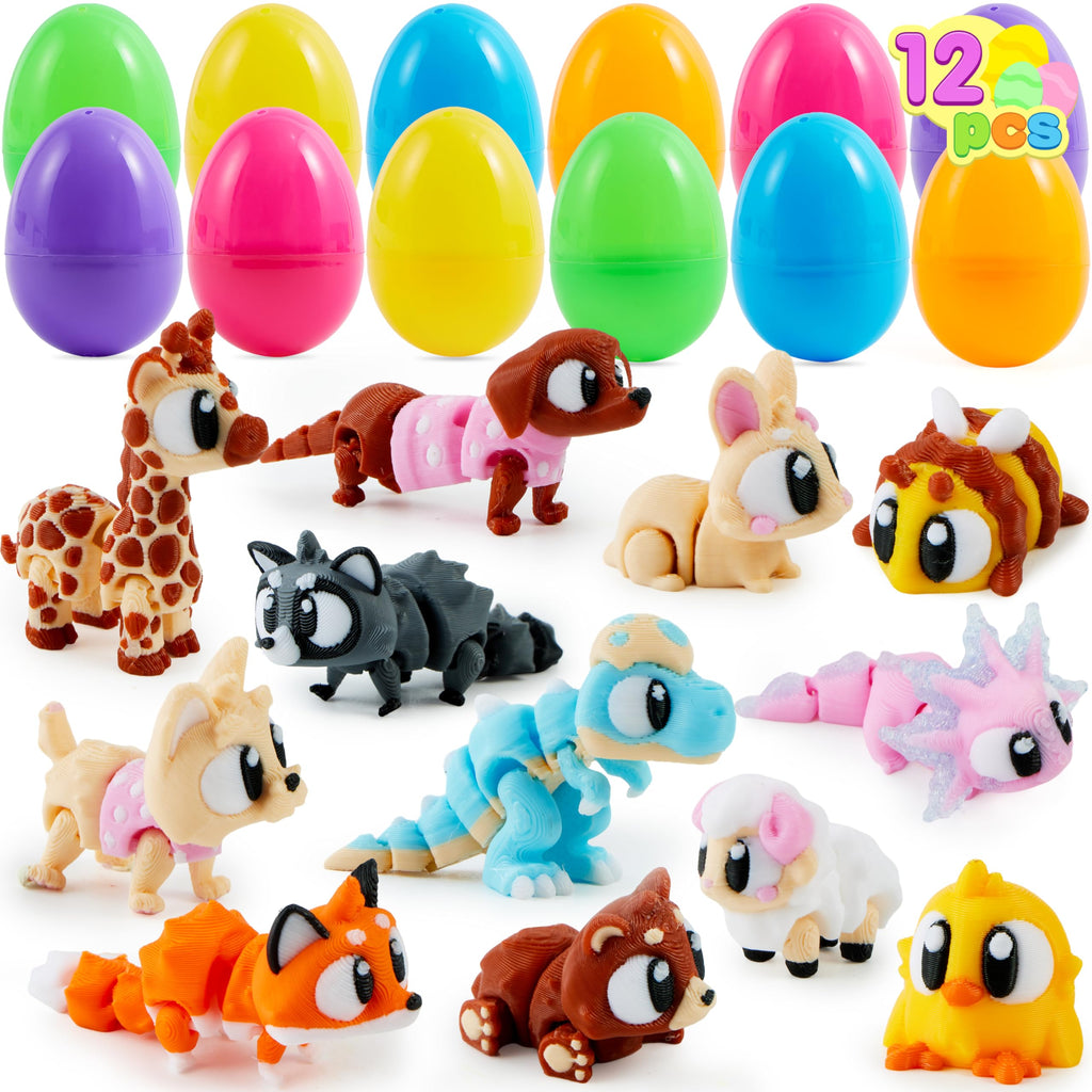 JOYIN 12-Pack Prefilled Easter Eggs with 3D Printed Articulated Mini Animal Toys