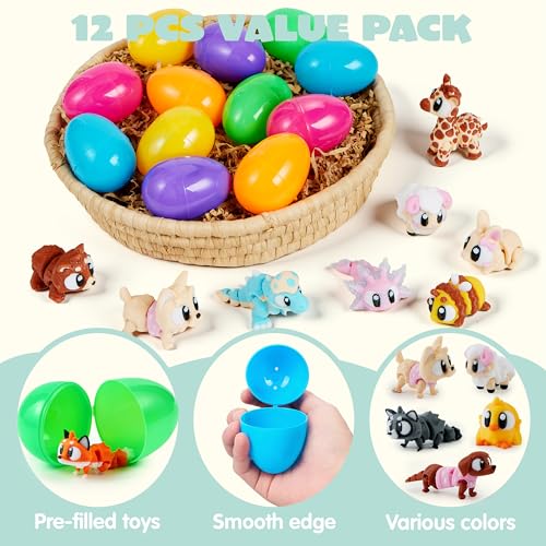 JOYIN 12-Pack Prefilled Easter Eggs with 3D Printed Articulated Mini Animal Toys