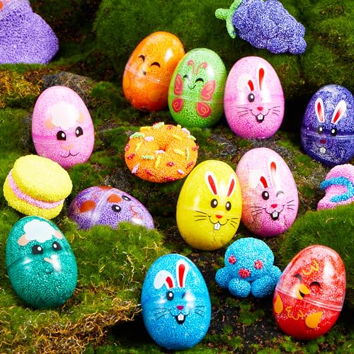 JOYIN 12-Pack Prefilled Easter Eggs with Foam Squishy Toys - Cute Chick, Bunny, and Lamb Designs for Egg Hunts, Basket Stuffers, Party Favors