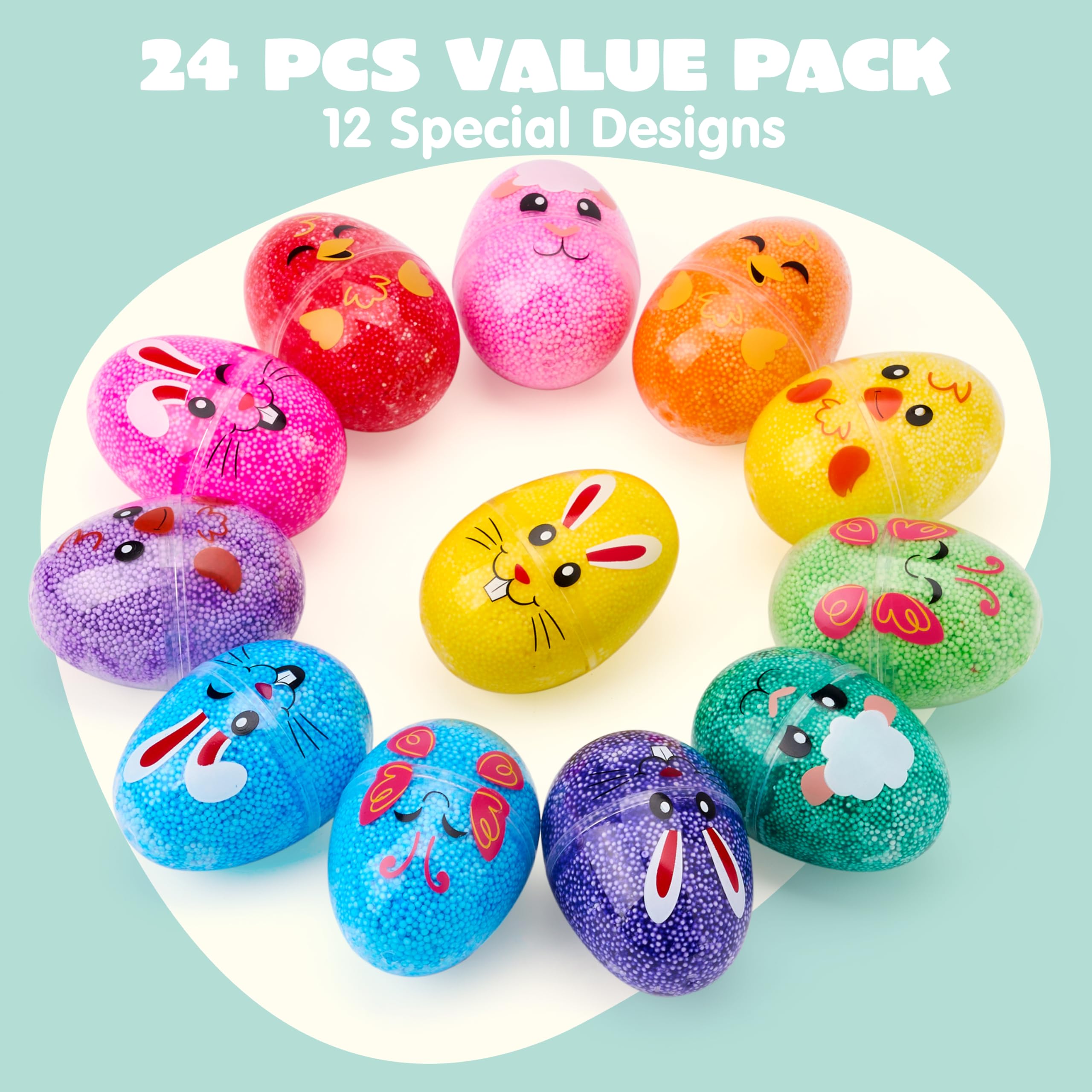 JOYIN 12-Pack Prefilled Easter Eggs with Foam Squishy Toys - Cute Chick, Bunny, and Lamb Designs for Egg Hunts, Basket Stuffers, Party Favors