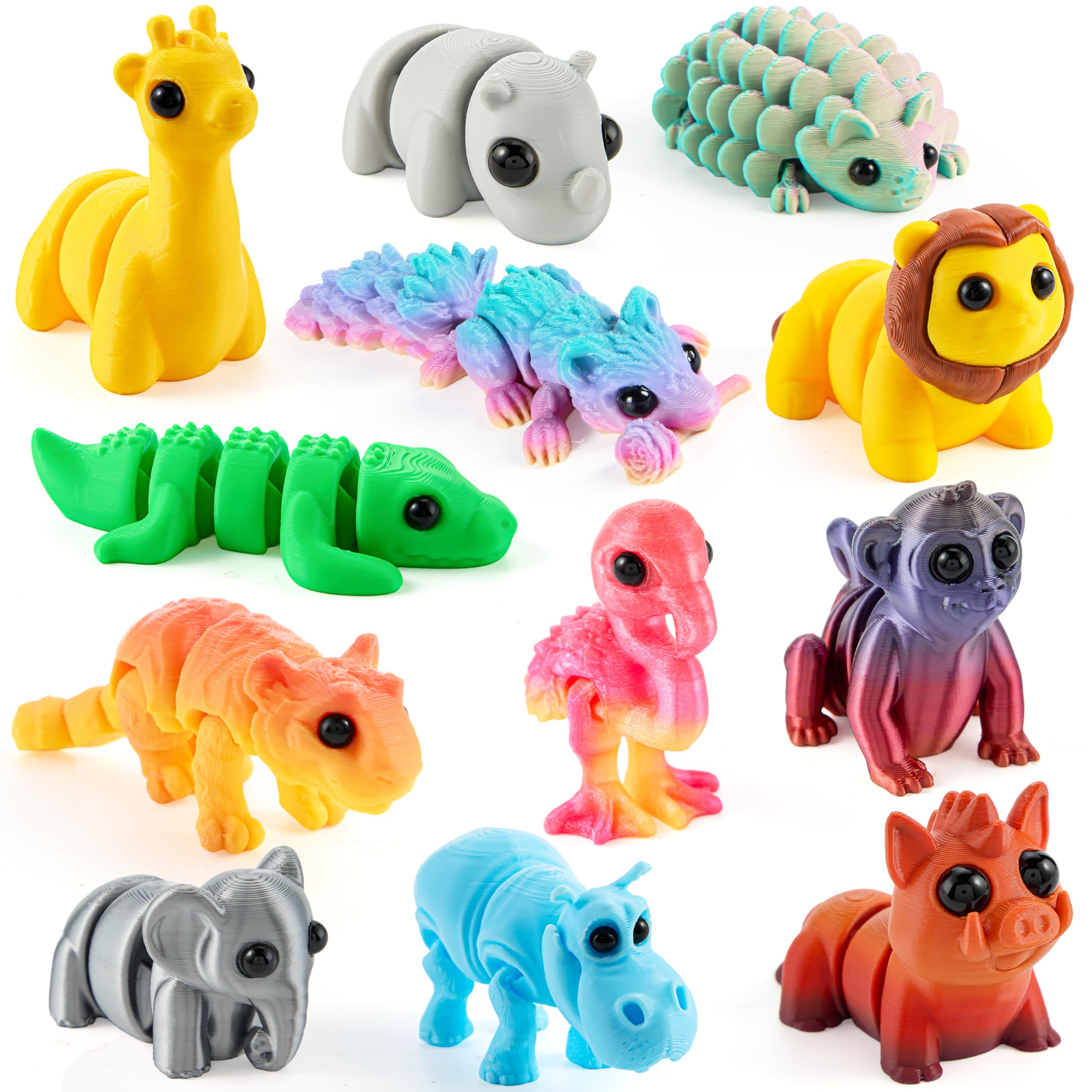 JOYIN 12-Piece 3D Printed Safari Animal Figurines – Articulated, Flexible Fidget Toys for Party Favors and Classroom Rewards