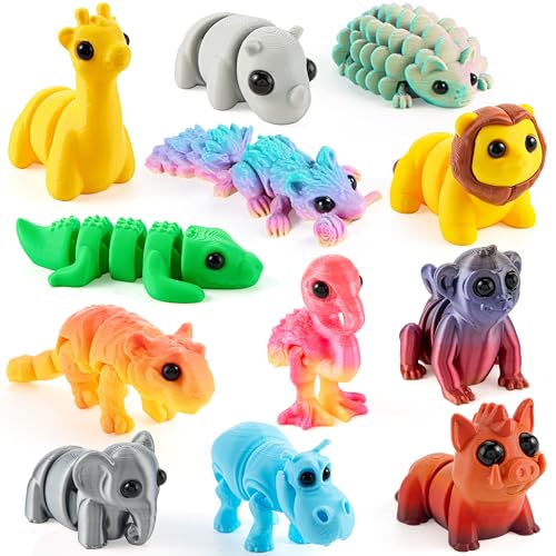 JOYIN 12-Piece 3D Printed Safari Animal Figurines – Articulated, Flexible Fidget Toys for Party Favors and Classroom Rewards