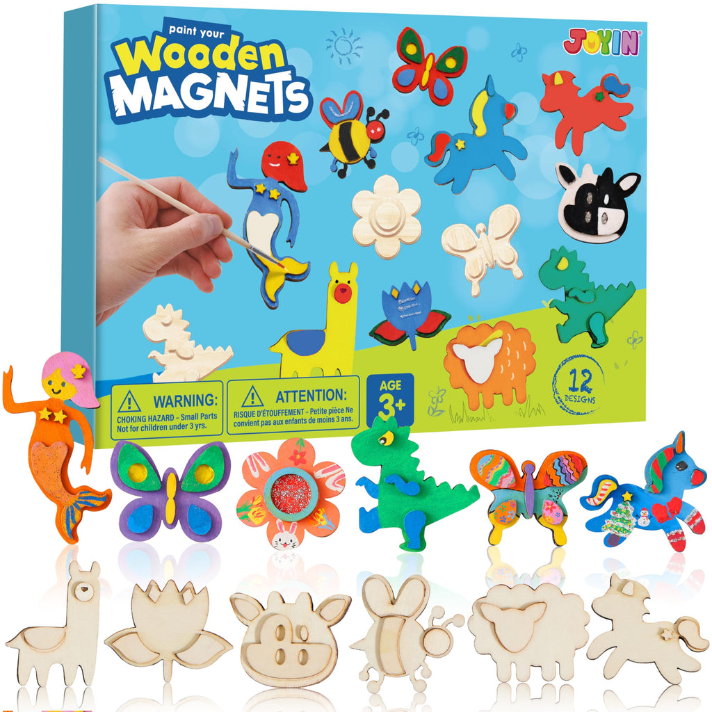 JOYIN 12-Piece Wooden Magnet Painting Kit for Kids – DIY Arts & Crafts Set with Paint and Glitter Glue