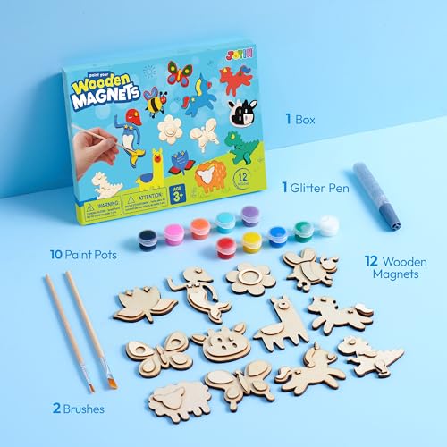 JOYIN 12-Piece Wooden Magnet Painting Kit for Kids – DIY Arts & Crafts Set with Paint and Glitter Glue