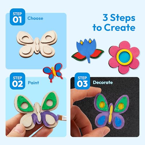 JOYIN 12-Piece Wooden Magnet Painting Kit for Kids – DIY Arts & Crafts Set with Paint and Glitter Glue