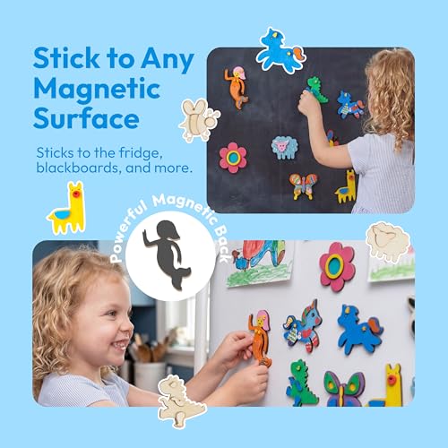 JOYIN 12-Piece Wooden Magnet Painting Kit for Kids – DIY Arts & Crafts Set with Paint and Glitter Glue