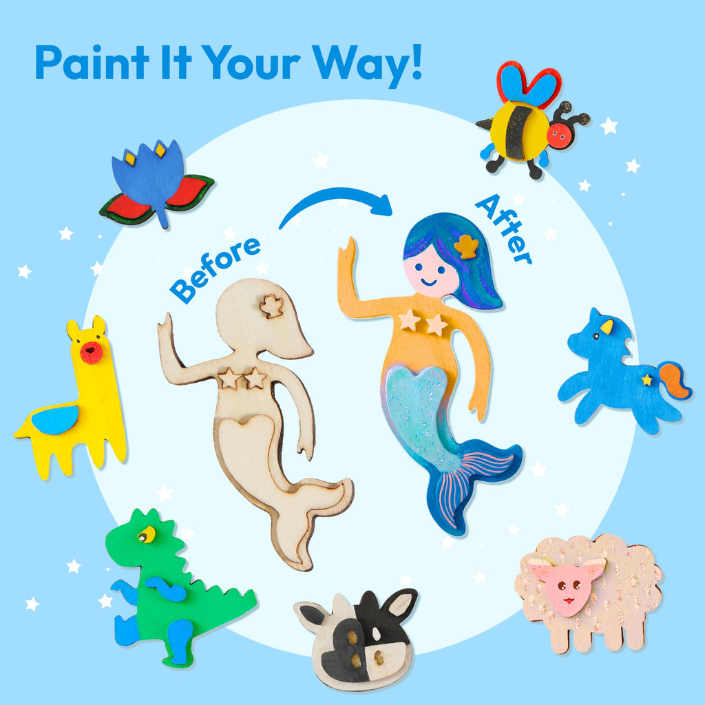JOYIN 12-Piece Wooden Magnet Painting Kit for Kids – DIY Arts & Crafts Set with Paint and Glitter Glue